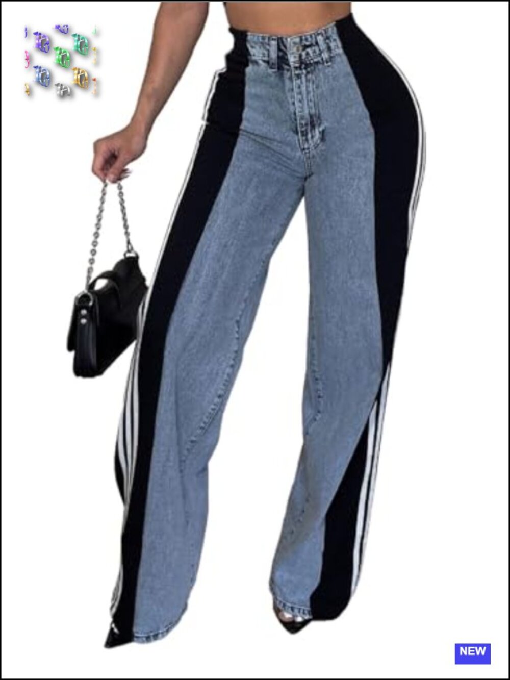 High Waisted Wide Leg Stripe Patchwork Color Block Denim Jeans